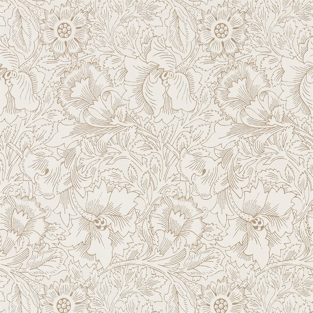 Cream wallpaper with fine muted-gold poppy, leaf and stem outlines