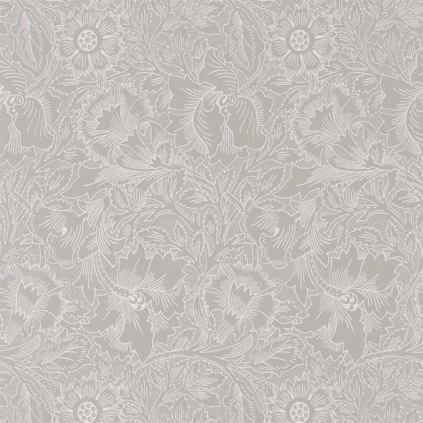 Dove-grey wallpaper with chalk poppies, curling leaves and dense botanical outlines
