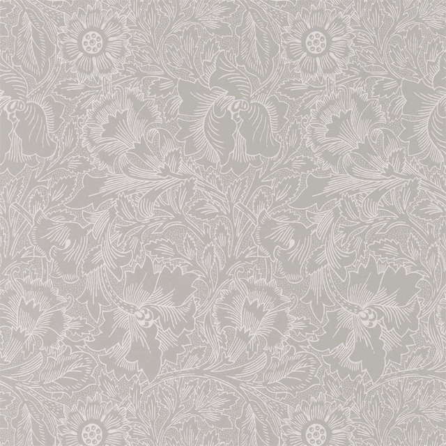 Dove-grey wallpaper with chalk poppies, curling leaves and dense botanical outlines