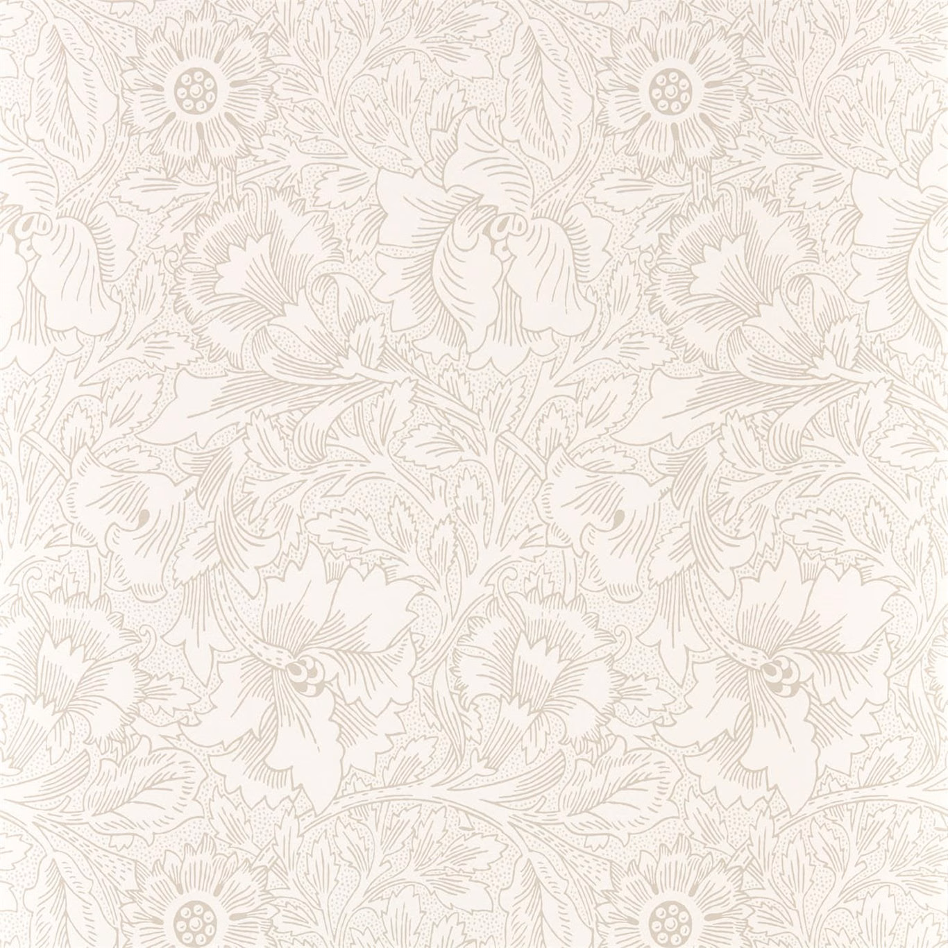 Ecru wallpaper with fine stone floral outlines, poppies and scrolling foliage