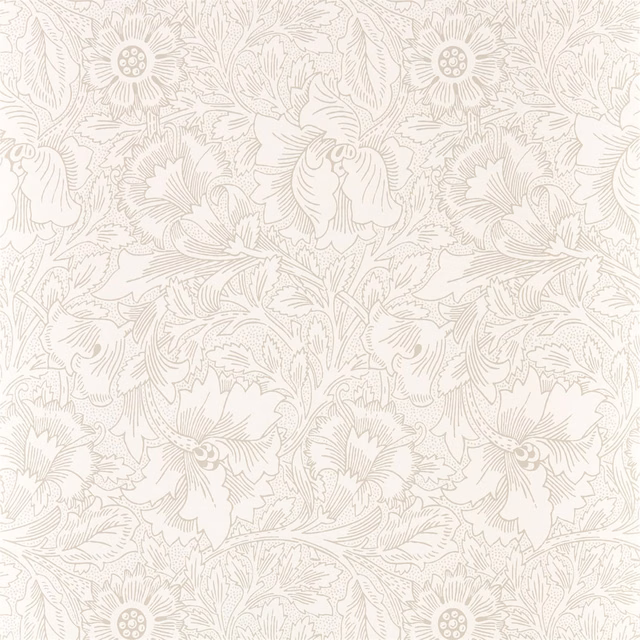 Ecru wallpaper with fine stone floral outlines, poppies and scrolling foliage