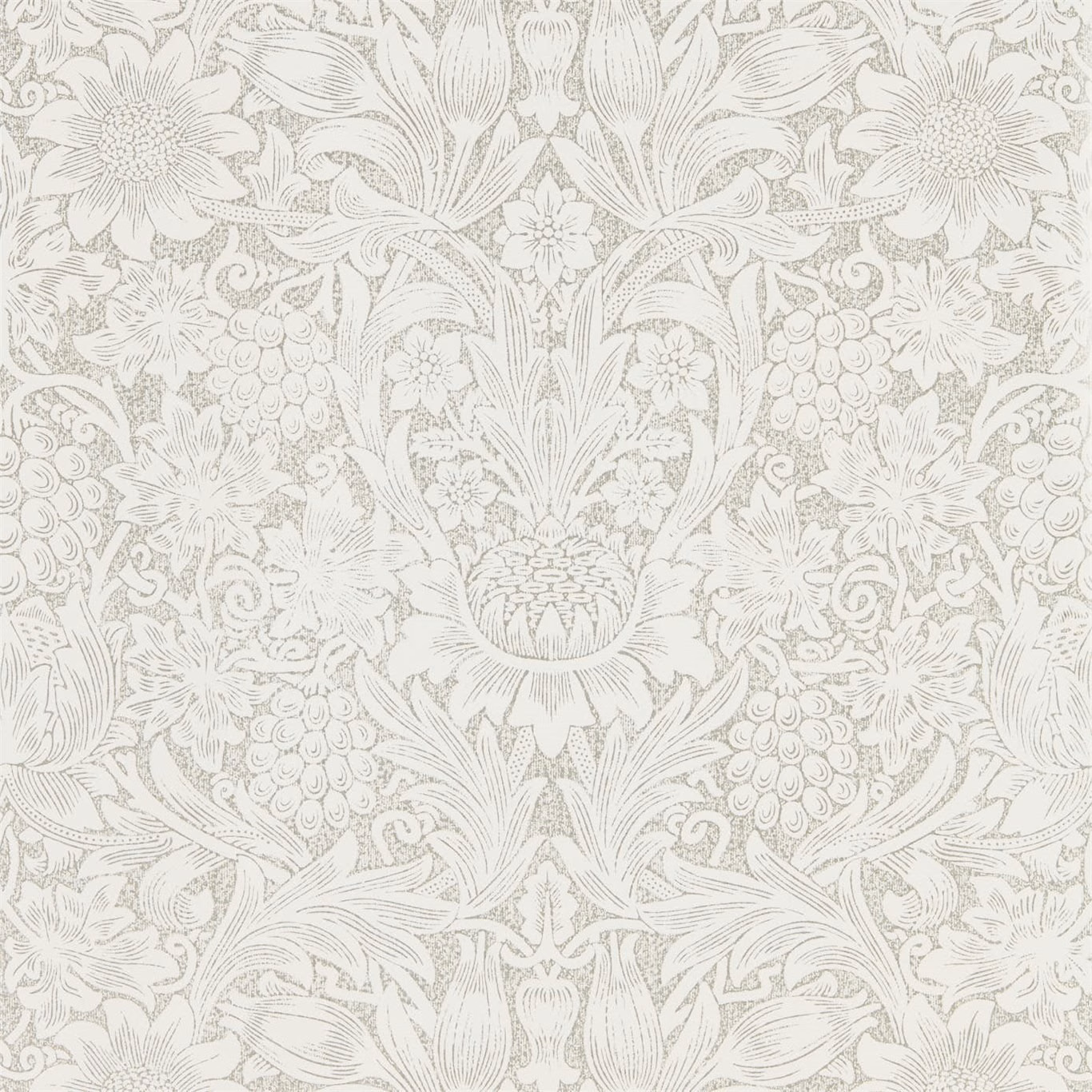 Chalk wallpaper with dense silver botanical flowers, leaves, berries and symmetrical scrolling detail