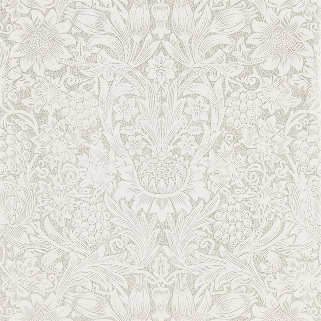 Chalk wallpaper with dense silver botanical flowers, leaves, berries and symmetrical scrolling detail