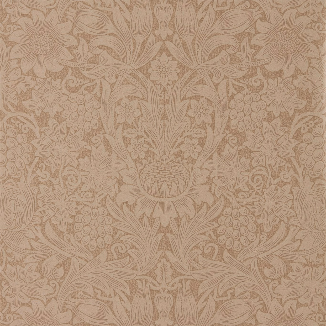 Muted copper-russet wallpaper with flowers, grapes, leaves and fine symmetrical botanical linework