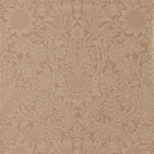Muted copper-russet wallpaper with flowers, grapes, leaves and fine symmetrical botanical linework