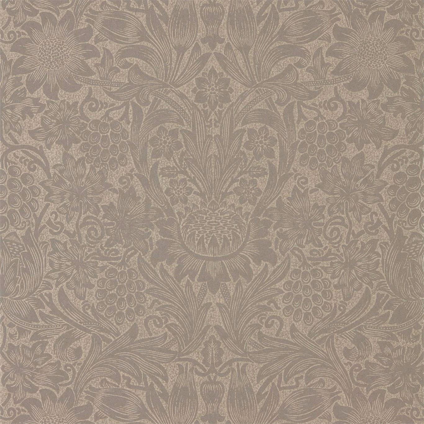 Mole taupe wallpaper with muted gold flowers, grapes and scrolling foliage