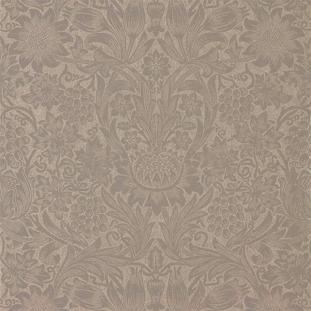 Mole taupe wallpaper with muted gold flowers, grapes and scrolling foliage