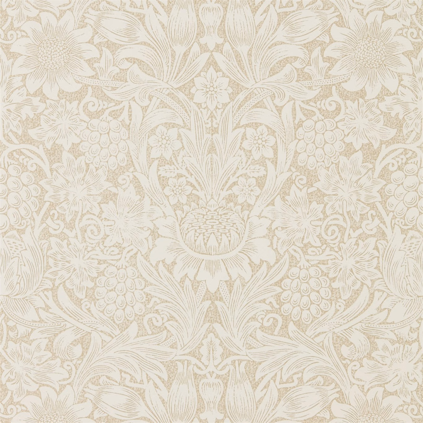 Parchment wallpaper with muted gold sunflowers, grapes, curling leaves and symmetrical botanical scrollwork