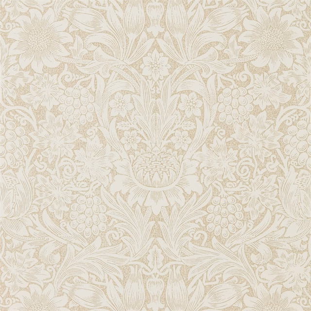 Parchment wallpaper with muted gold sunflowers, grapes, curling leaves and symmetrical botanical scrollwork