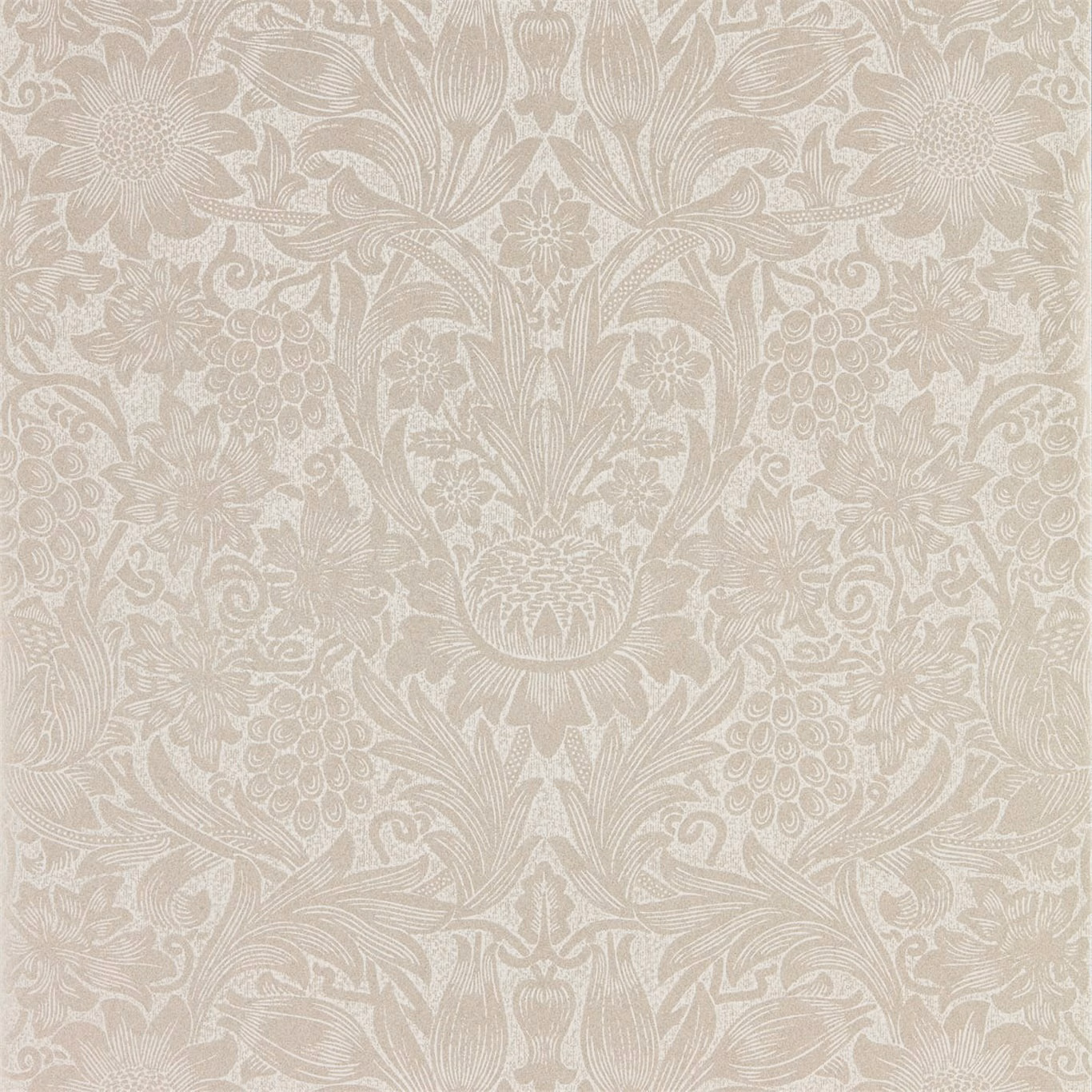 Pearl ivory wallpaper with pale sunflower, fruit and scrolling leaf damask