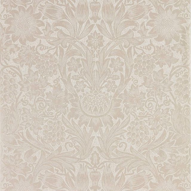 Pearl ivory wallpaper with pale sunflower, fruit and scrolling leaf damask