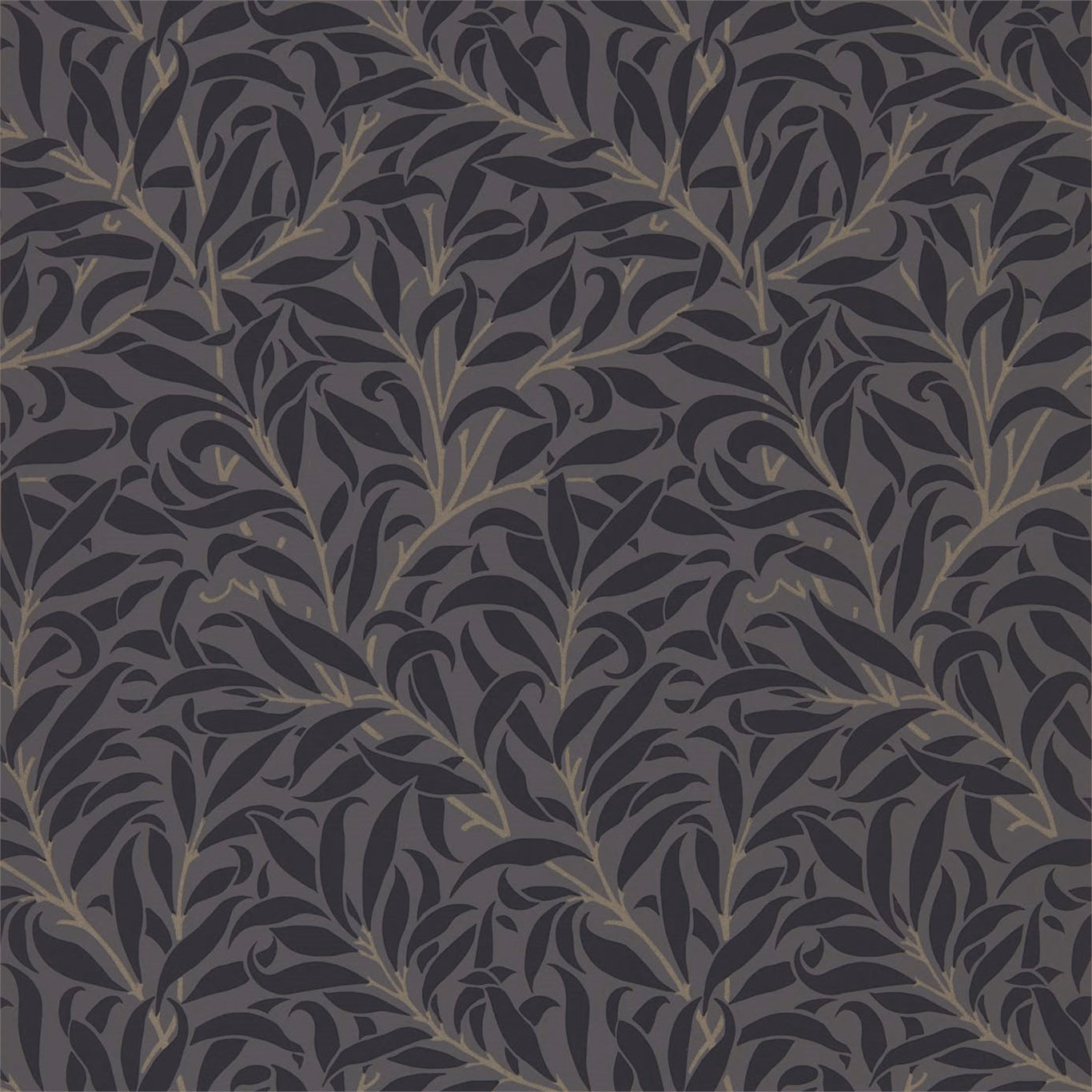 Charcoal wallpaper with black leafy branches and muted taupe-grey botanical stems