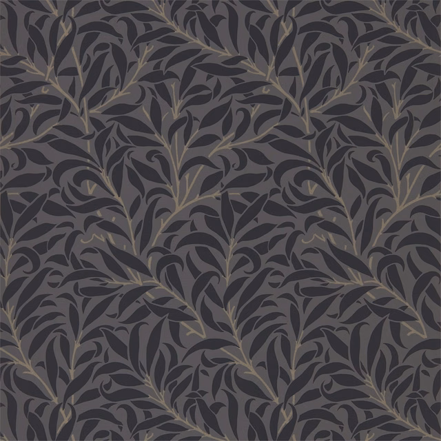 Charcoal wallpaper with black leafy branches and muted taupe-grey botanical stems