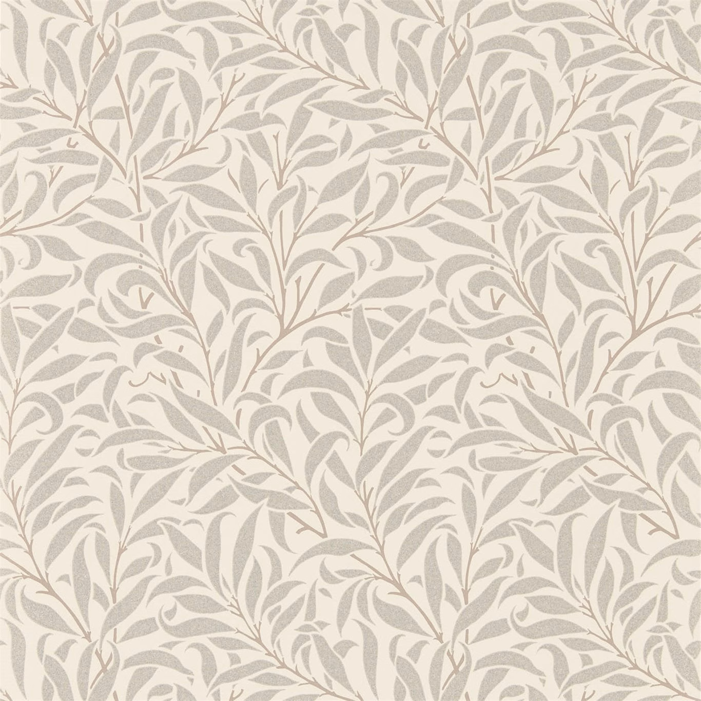 Warm ecru wallpaper with repeating silver-grey leafy branches and curling botanical stems