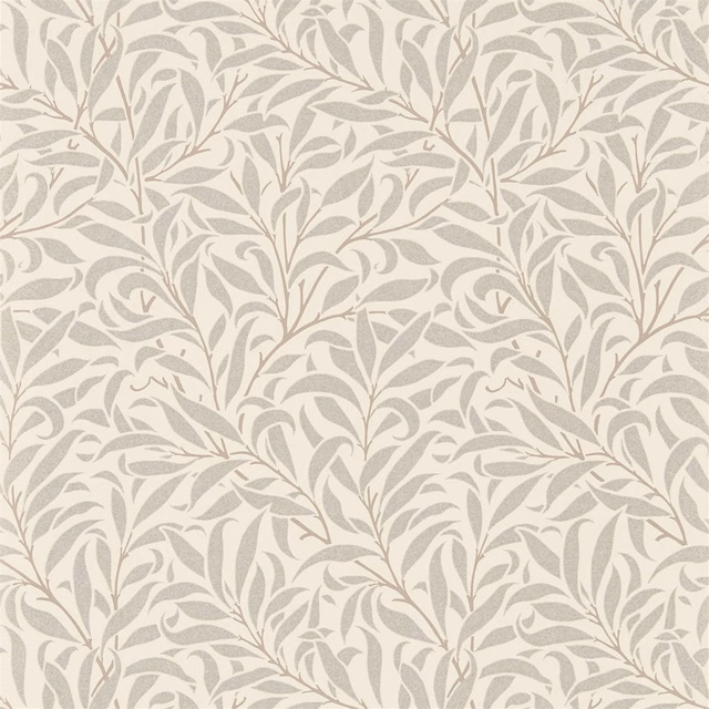 Warm ecru wallpaper with repeating silver-grey leafy branches and curling botanical stems