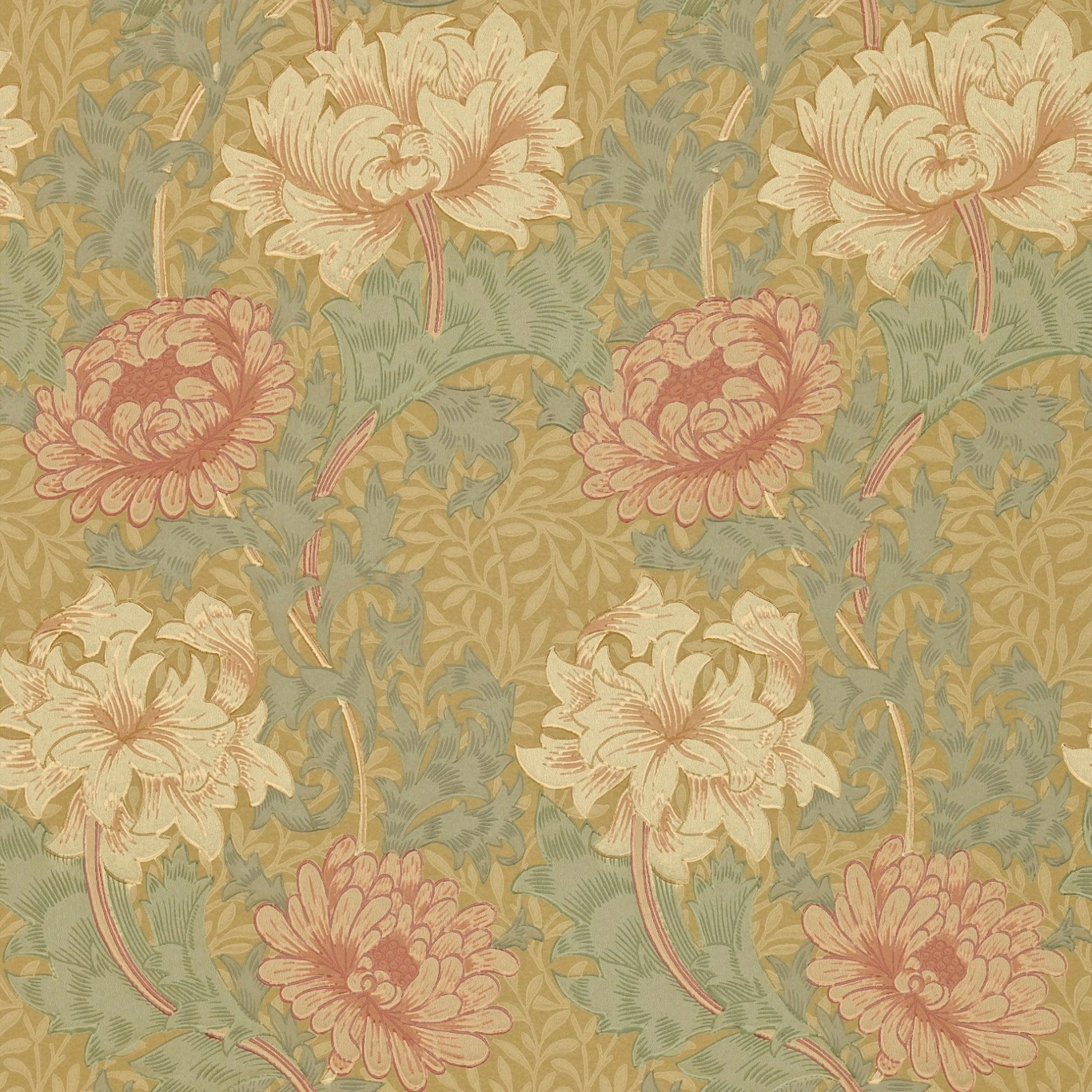 Dusty pink and cream chrysanthemums with sage leaves on an ochre floral wallpaper
