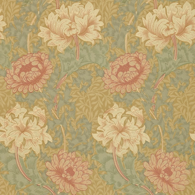 Dusty pink and cream chrysanthemums with sage leaves on an ochre floral wallpaper
