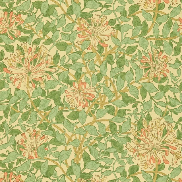 Green leafy honeysuckle wallpaper with coral-pink flowers on a warm beige ground