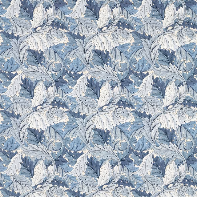 Dusty indigo and ivory acanthus leaves in a dense repeating floral textile