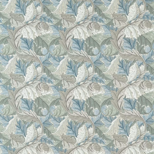 Mineral blue acanthus leaves over pale linen and muted green botanical fabric