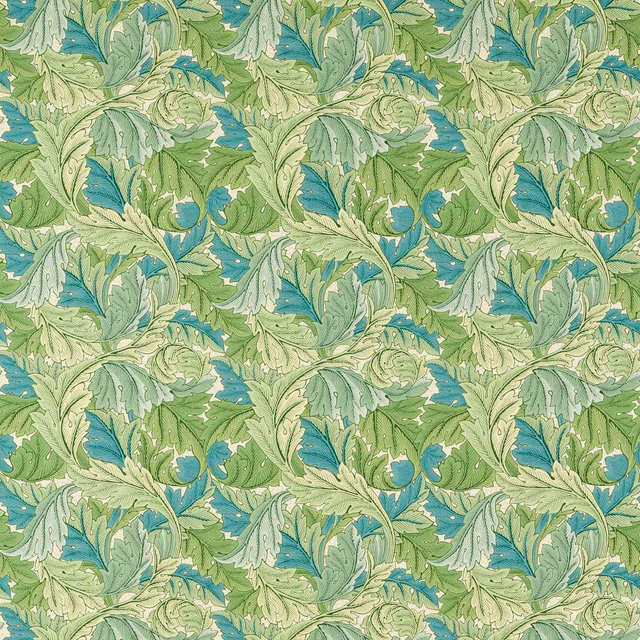 Dense sage and cream acanthus leaves on a muted sky-blue textile ground