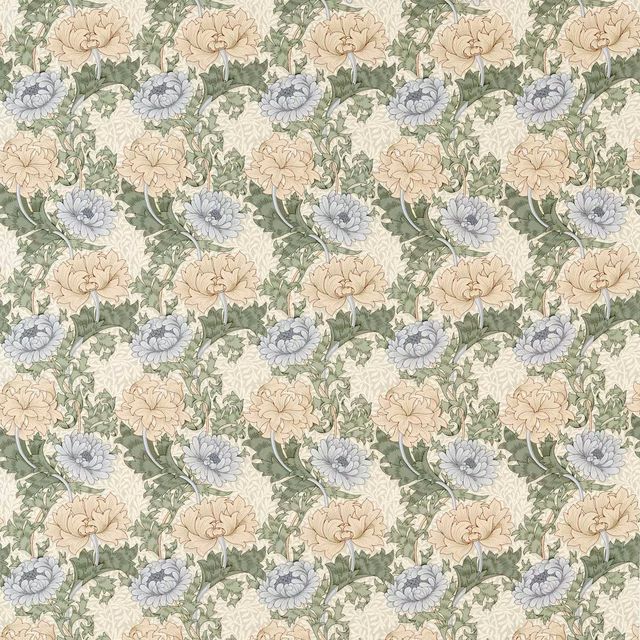 Mineral cream floral fabric with pale blue chrysanthemums and sage foliage