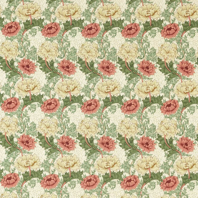 Pale sage floral textile with cream chrysanthemums and russet blooms in a tight repeat