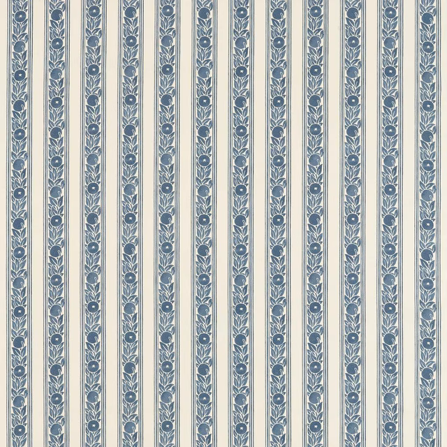 Muted indigo floral stripes on a pale cream ground in narrow vertical bands