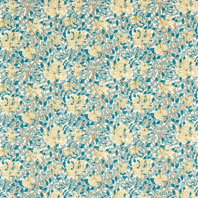 Teal leafy branches and soft lemon blossoms in a dense botanical repeat