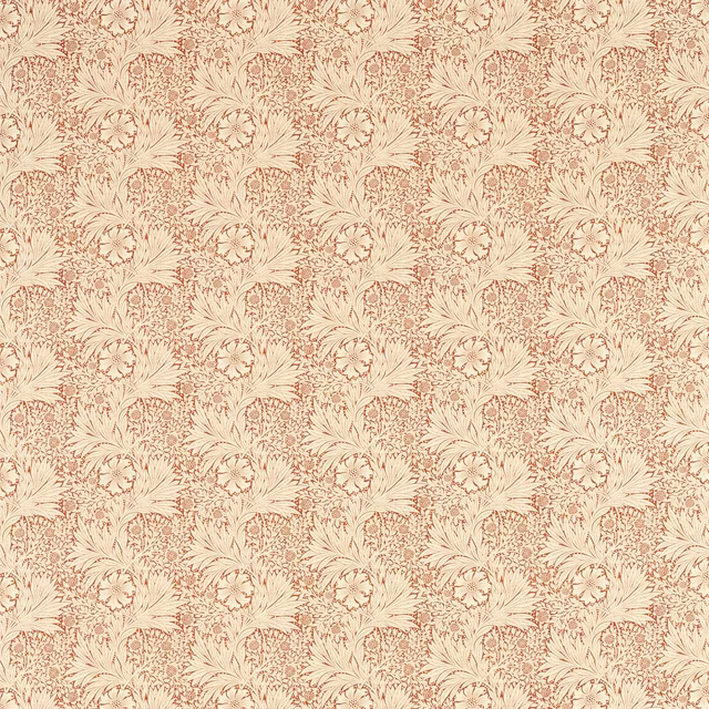 Warm cream outdoor textile with dense russet botanical sprigs and golden highlights
