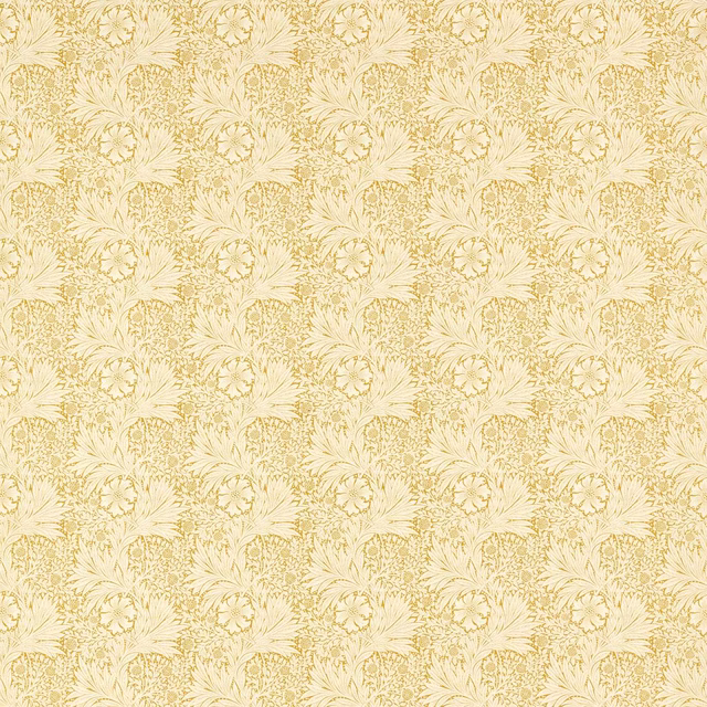Pale wheat fabric with repeating fine marigold flowers and leafy botanical linework