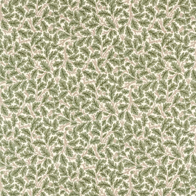 Cream ground with muted sage oak leaves and subtle warm pink-brown accents