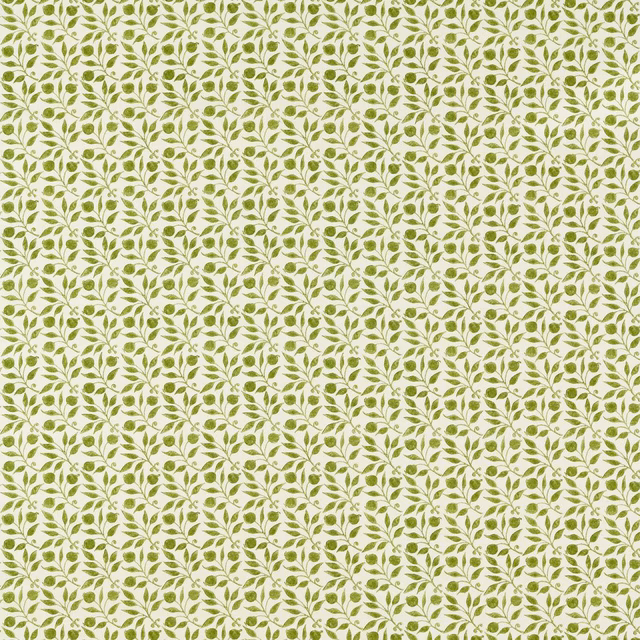 Pale cream textile with repeating soft olive leafy vines and a fine surface