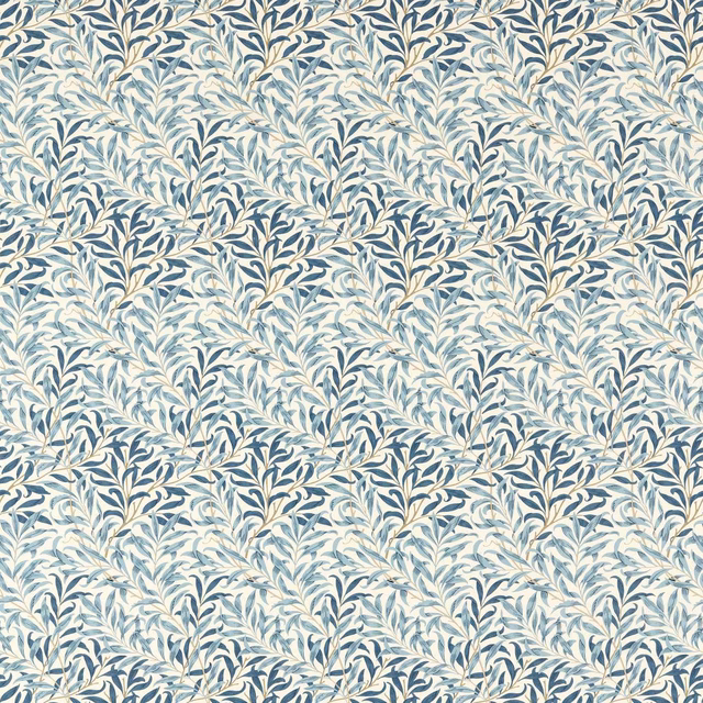 Dense indigo and powder-blue willow leaves on an ivory ground
