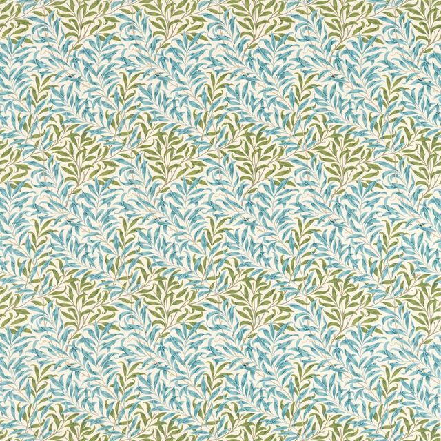 Cream textile with repeating sky-blue and nettle-green leafy sprigs