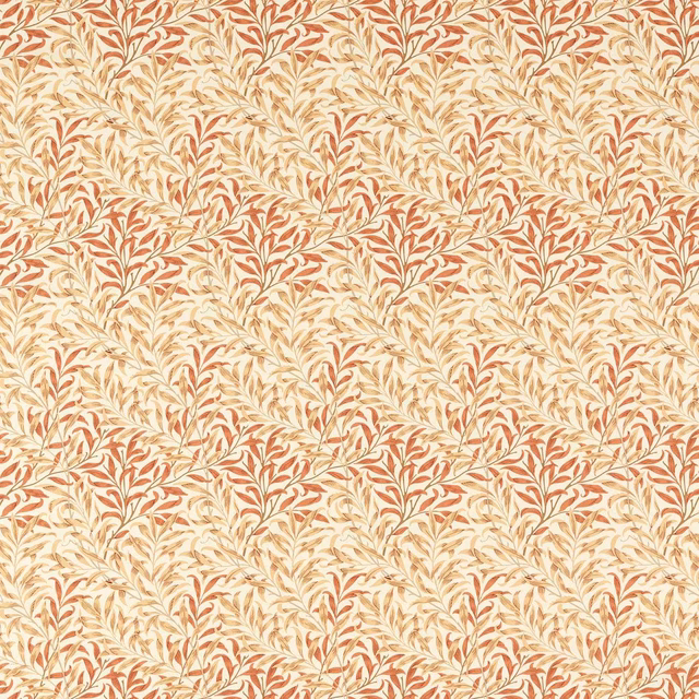 Warm wheat fabric with repeating muted russet leafy branches and fine botanical texture