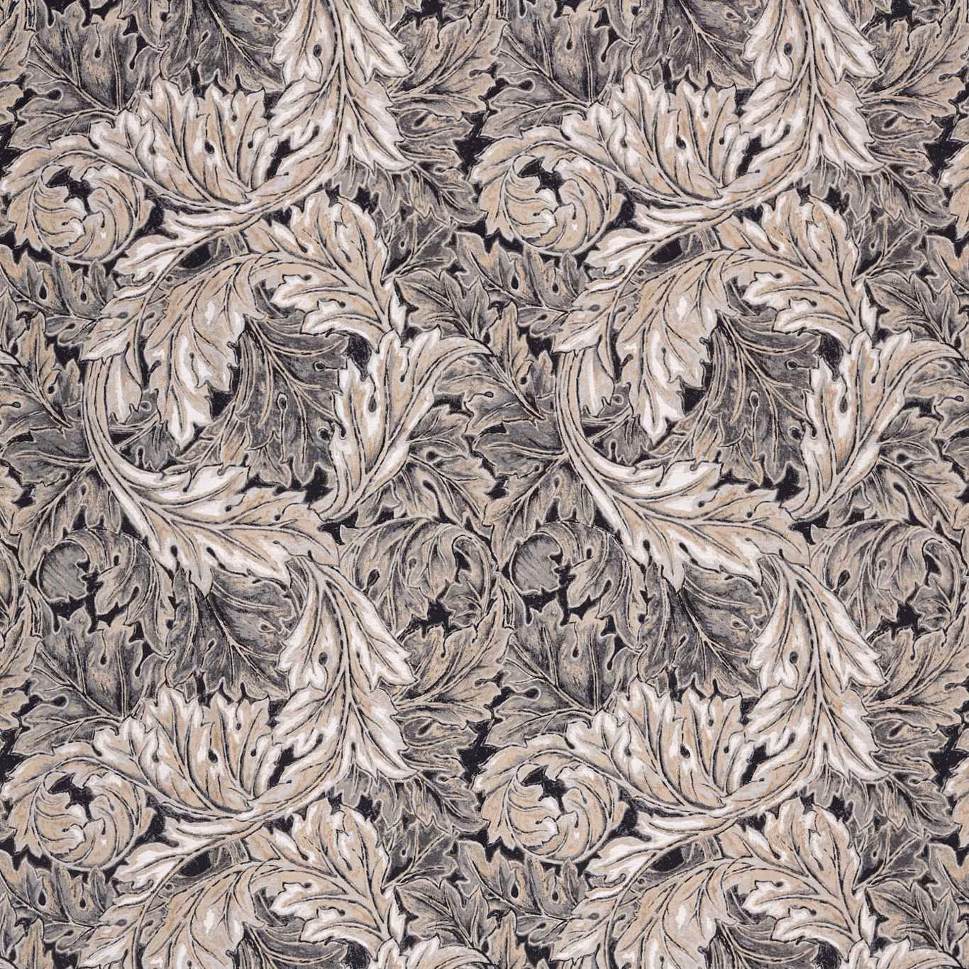 Charcoal and ivory acanthus leaves in a dense, engraved-looking textile repeat