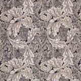 Charcoal and ivory acanthus leaves in a dense, engraved-looking textile repeat
