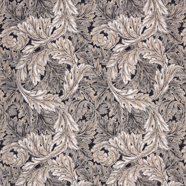 Charcoal and ivory acanthus leaves in a dense, engraved-looking textile repeat