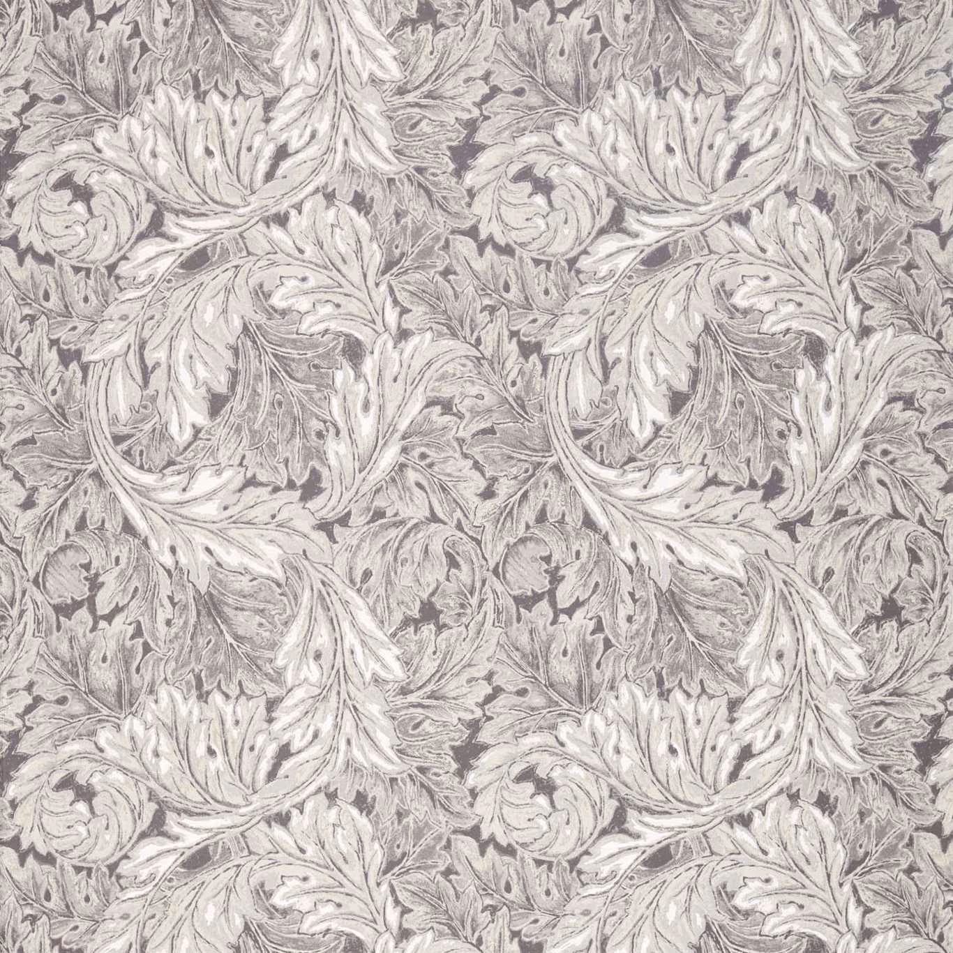 Cool inky-grey textile with chalk-white acanthus leaves and curling botanical scrolls