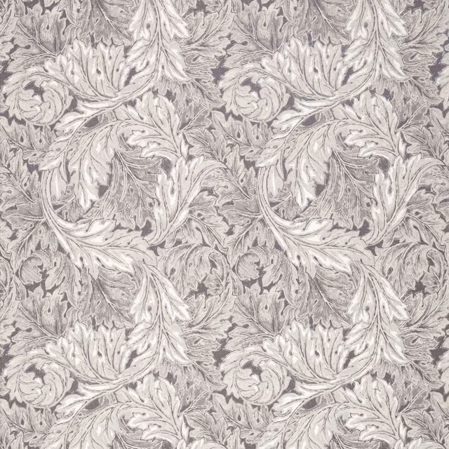 Cool inky-grey textile with chalk-white acanthus leaves and curling botanical scrolls