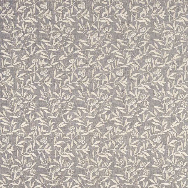 Inky grey embroidered fabric with ivory leafy sprigs and clustered berries