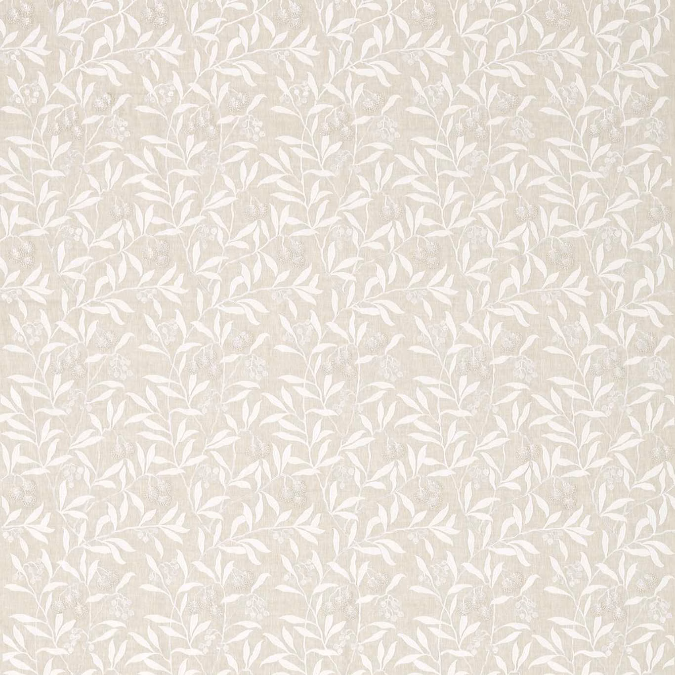 Chalky greige linen with densely spaced white embroidered leafy sprigs