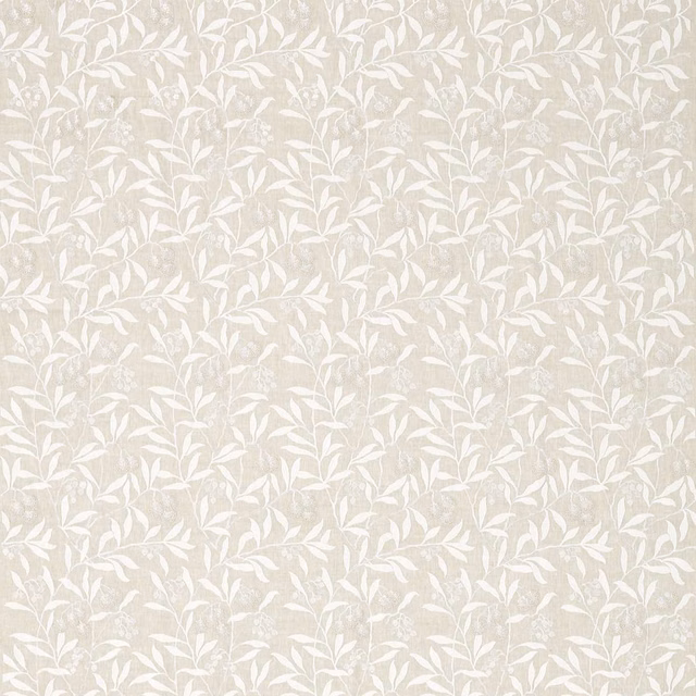 Chalky greige linen with densely spaced white embroidered leafy sprigs