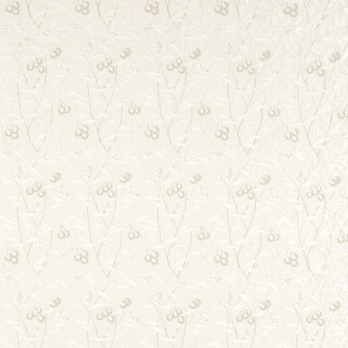 Ivory White Clover fabric with pale botanical stems and looping embroidered blossoms