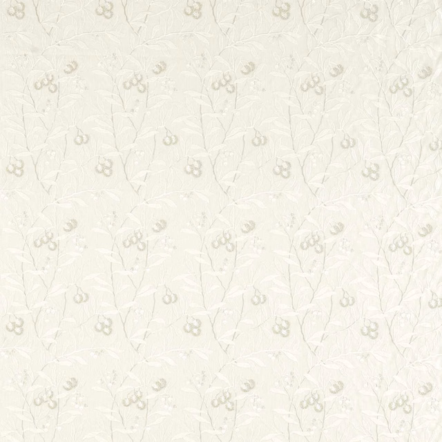 Ivory White Clover fabric with pale botanical stems and looping embroidered blossoms