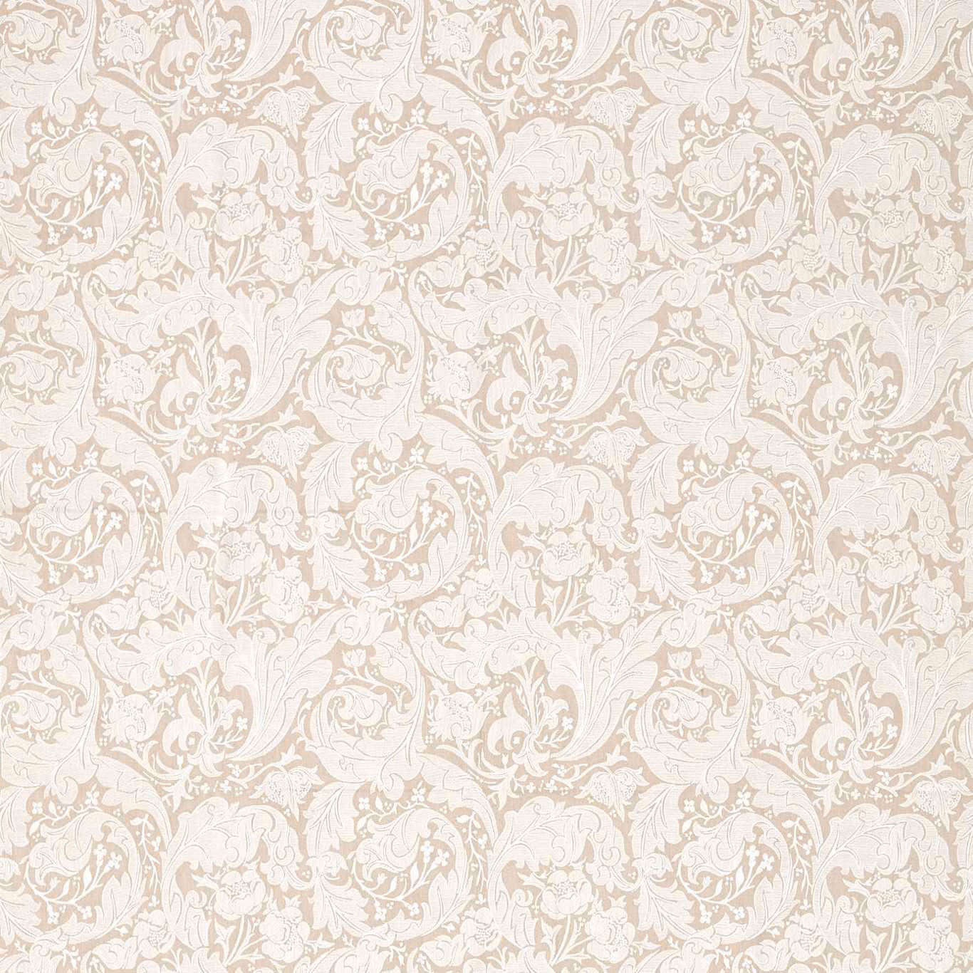 Pale flax fabric with ivory embroidered scrolling foliage and softly raised texture