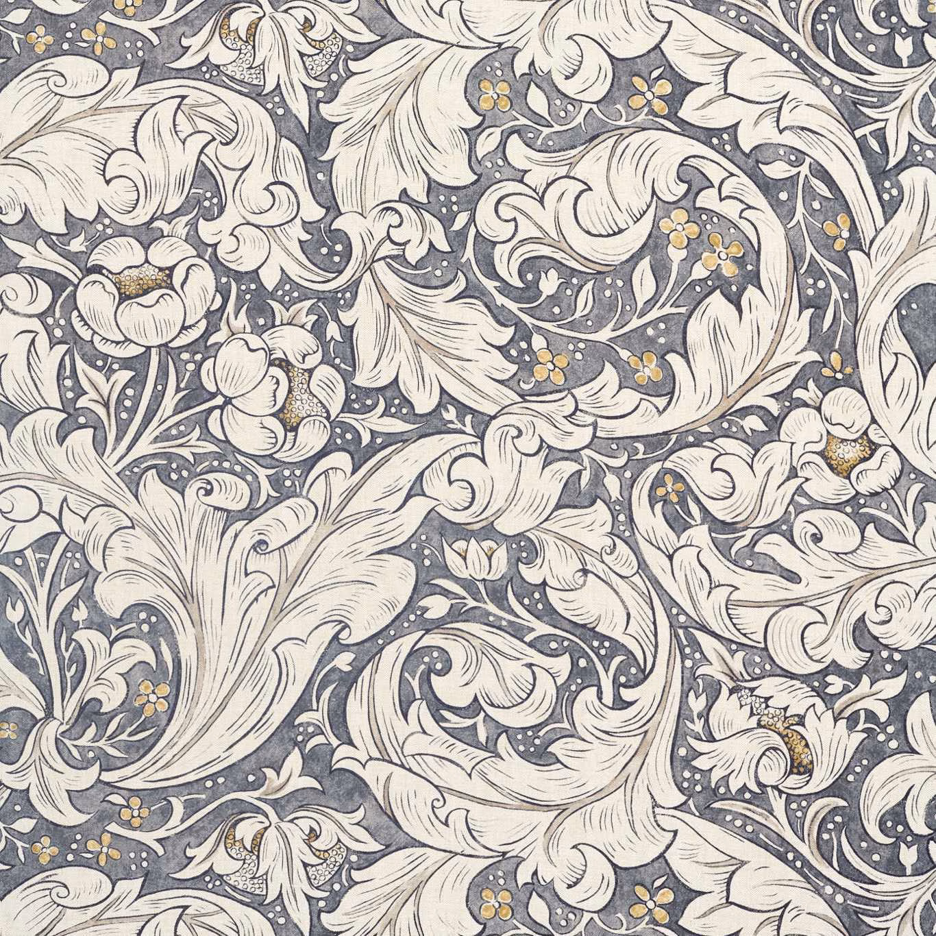 Charcoal-blue botanical fabric with ivory scrolling foliage and small mustard flowers