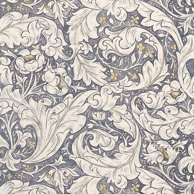 Charcoal-blue botanical fabric with ivory scrolling foliage and small mustard flowers