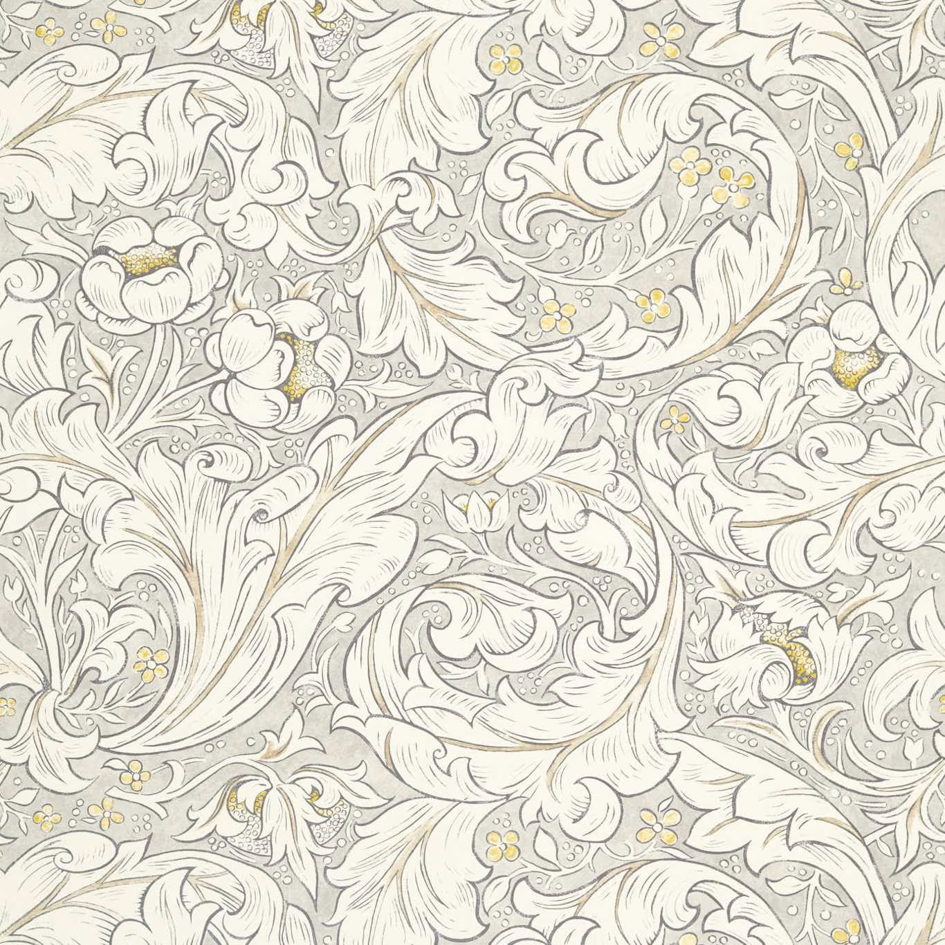 Horned Poppy Grey fabric with pale acanthus leaves, flowers and yellow sprigs
